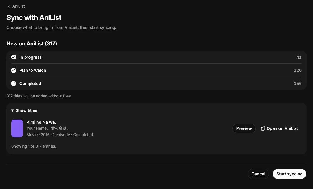 Sync with AniList: 41 in progress, 120 plan to watch and 156 completed, ready to import