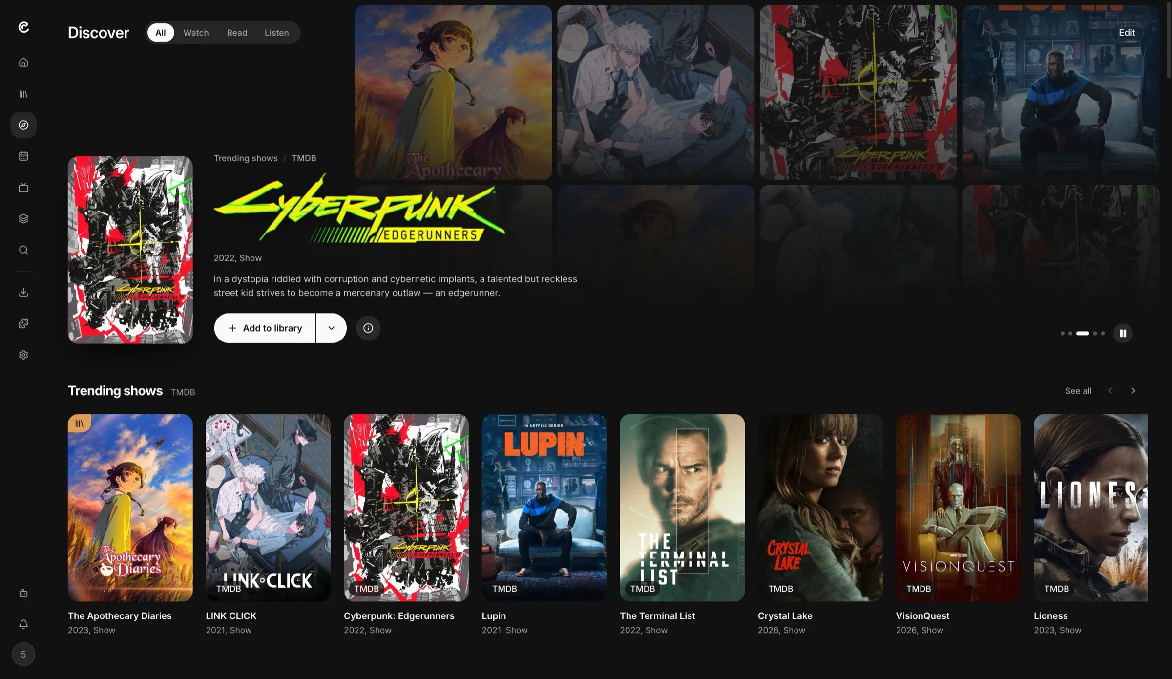 The Caye Discover page with Cyberpunk: Edgerunners featured above a row of trending shows from TMDB