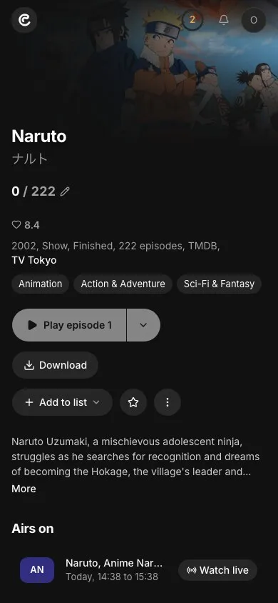 The Caye title page for Naruto on a phone